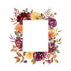 Beautiful floral decorative frame. Watercolor burgundy, orange, yellow flowers, leaves, berries painting. Fall botanical invitation template on white background.