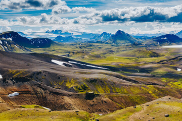 Beautiful Icelandic landscape with mountains, sky and clouds. Trekking in national park...