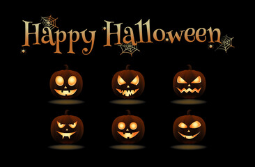 Set of Halloween pumpkins. Realistic pumpkin jack lantern. Halloween pumpkin set with slit eyes, mouth and nose. Happy Halloween lettering is decorated. Isolated pumpkins on a black background.