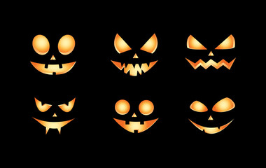 Jack lantern pumpkin faces glowing on black background. Halloween Pumpkin Faces. Vector