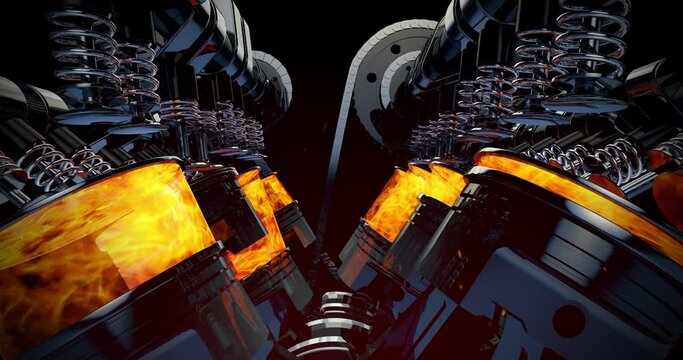 Rotating V8 Engine Pistons On A Crankshaft. Perfect Loop. Machines And Industry Related 4K 3D Animation.