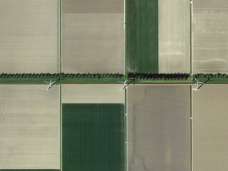 Fields (Farmland) , Irrigation Canals and Wind Power Stations Aerial View ( Agriculture)