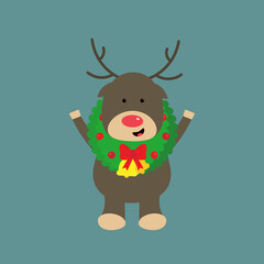 Cute cartoon Christmas deer with Christmas wreath