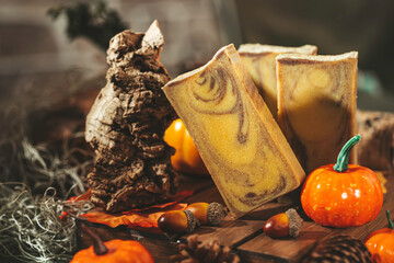 Pumpkin soap. Organic Natural Cosmetics. Organic beauty. Natural organic concept.