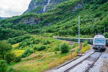 Landscape with train on the route between Myrdal and Flam, Norway
