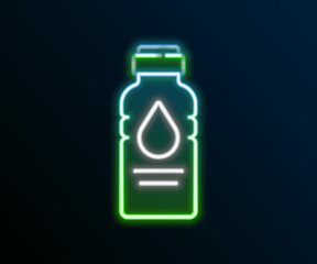 Glowing neon line Bottle of water icon isolated on black background. Soda aqua drink sign. Colorful outline concept. Vector