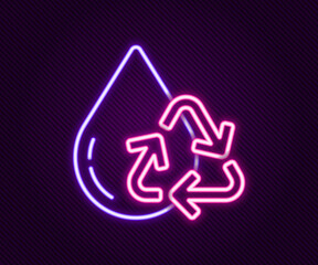Glowing neon line Recycle clean aqua icon isolated on black background. Drop of water with sign recycling. Colorful outline concept. Vector