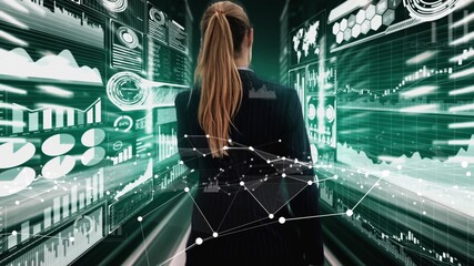 Big Data Technology for Business Finance Analytic conceptual . Modern graphic interface shows massive information of business sale report, profit chart and stock market trends analysis .