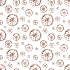 Watercolor seamless pattern of the vintage wooden wagon wheels. Hand-drawn transport background