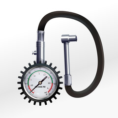 Tire air pressure gauge isolated on white. The pressure gauge shows an operating air pressure of 0.5 bar. Check wheel in service. Manometer, Pressure gauge.  - obrazy, fototapety, plakaty