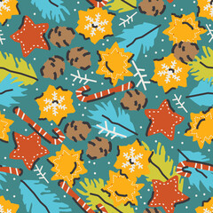 Fototapeta premium Cute Christmas seamless pattern with toys and gingerbread. New Year background, wrapping paper, postcard, illustration, print