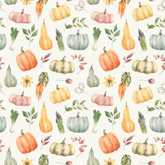 Watercolor seamless pattern with autumn vegetables. Pumpkins, onions, asparagus, carrots. Colorful fall veggies, flowers, leaves