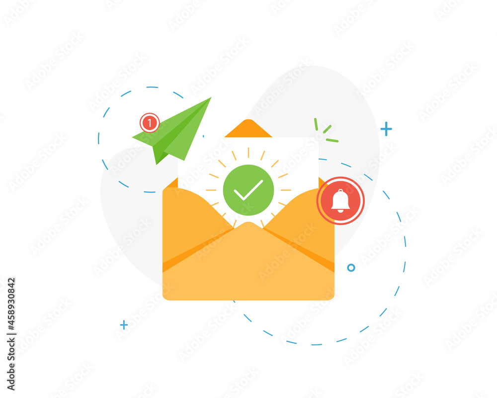 Poster open envelope with document and round green check mark for email marketing. confirmation letter in f