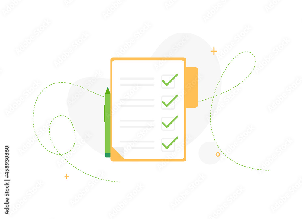 Poster completed task list. documents in a folder. check mark. clipboard or to do list with tick. flat desi