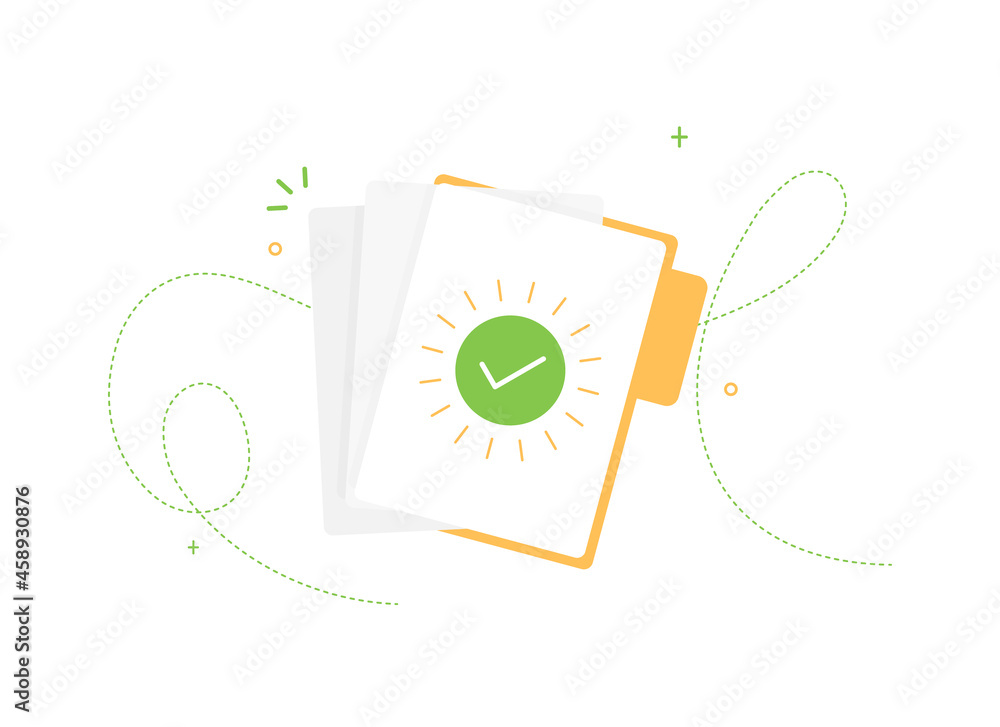 Poster confirmed document with a check mark in an open folder. clipboard or to do list with tick. flat desi