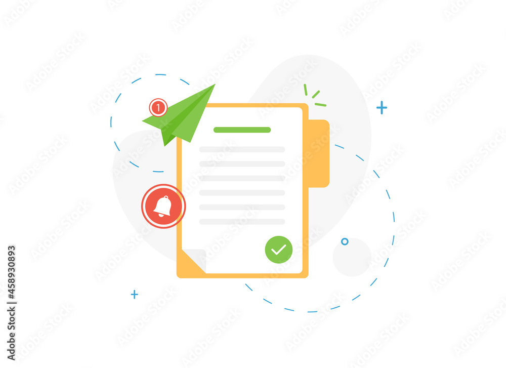 Poster a signed or confirmed document in an open folder with a check mark. flat design
