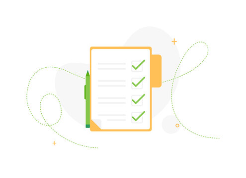 Completed task list. Documents in a folder. Check mark. Clipboard or to do list with tick. Flat design