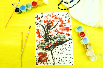 Childlike drawing abstract silhoutte of dancing girl or woman in free style. Colorful abstract artwork hand painted. Children painting style