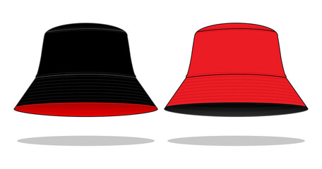 Reversible Bucket Hat with Black-Red Template on White Background, Vector File.