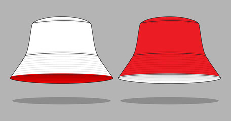 Reversible Bucket Hat With White-Red Design On Gray Background, Vector File - obrazy, fototapety, plakaty
