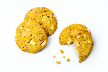 Lemon cookies with white chocolate on white background, Top View