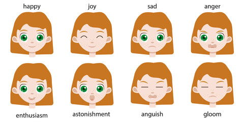 Set of different happy and sad emotions on a red hair toddler girl face. Cute irish baby portrait with green eyes for avatar