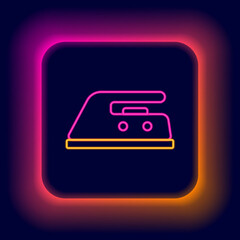 Fototapeta na wymiar Glowing neon line Electric iron icon isolated on black background. Steam iron. Colorful outline concept. Vector