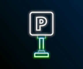 Glowing neon line Parking icon isolated on black background. Street road sign. Colorful outline concept. Vector