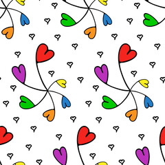Rainbow colored seamless pattern. Hand drawn doodle hearts shapes childish design. White background. Vector