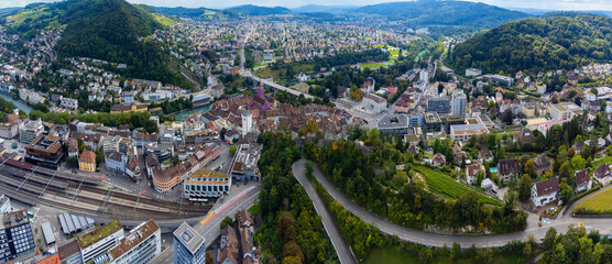 Titel: Aerial view around the old town of Baden in Switzerland on a sunny morning day in summer.