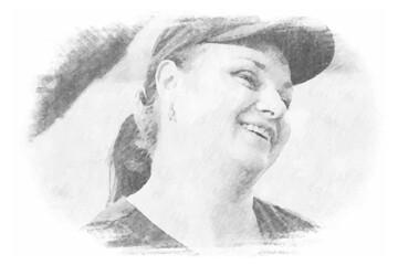Pencil Portrait of a merry adult Armenian woman wearing a black baseball cap. A happy middle-aged woman. Vector illustration.