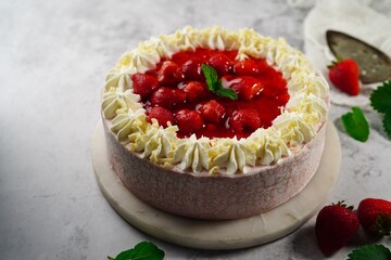 Strawberry cream cake with copy space