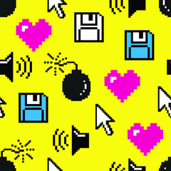 Naklejka premium 8bit pixelart icons from 90´s as vector repeat pattern in yellow