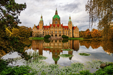 Magnificent, castle-like building of New City Hall in Hanover, Lower Saxony, Germany