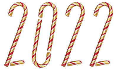 The inscription "2022" made of Christmas candy canes