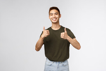 Cheerful asian man, male student recommend online learning courses, tutoring foreign language...