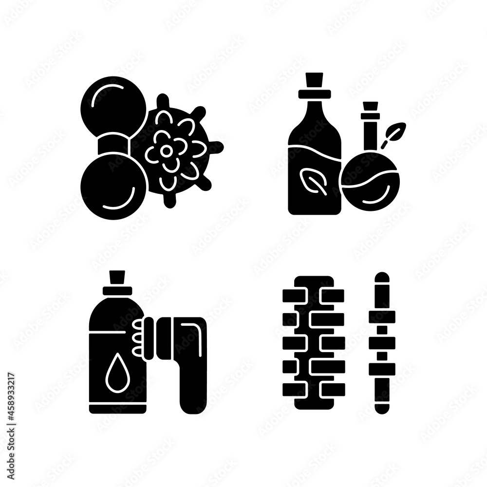 Sticker Hand massagers black glyph icons set on white space. Anticellulite massager. Devices for massaging back and legs. Muscle pain relieving. Silhouette symbols. Vector isolated illustration