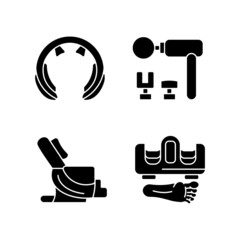 Vibrating massagers black glyph icons set on white space. Massage chair. Devices for neck and feet stimulation. Body treatment and recreation. Silhouette symbols. Vector isolated illustration