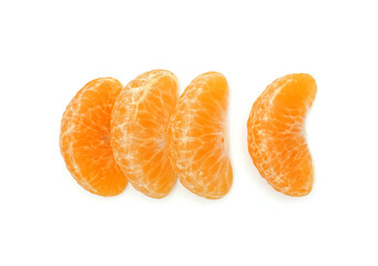 Peeled tangerine segment fruit, Mandarin pieces Isolated on white background, Top view
