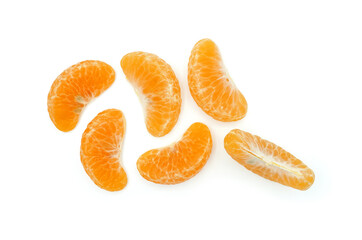 Peeled tangerine segment fruit, Mandarin pieces Isolated on white background, Top view