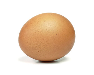 Single raw chicken egg, Speckled egg, Close up, Isolated on white background