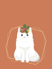 vector white kitten with a wreath of leaves. flat image of a cat with a wreath on its head. autumn card with animal