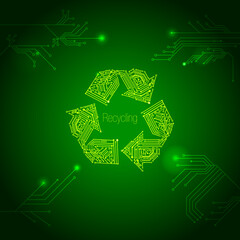recycling icon on a green  circuit board illustration electronic