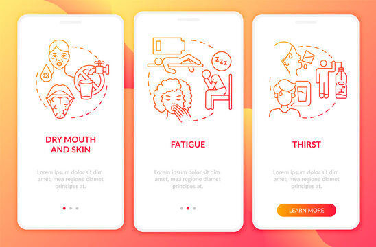 Dehydration symptoms red gradient onboarding mobile app page screen. Fluid loss walkthrough 3 steps graphic instructions with concepts. UI, UX, GUI vector template with linear color illustrations