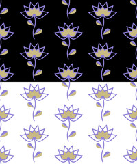 Floral geometrical vertical seamless pattern. Stylized folklore flower motif, pink lilac color palette. Black or white easy editable color background. Vector