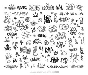 Hip-Hop graffiti doodle set and street art tags vector icons collection. Rap and hip-hop grunge elements for pattern and tee print design. Isolated on white - obrazy, fototapety, plakaty
