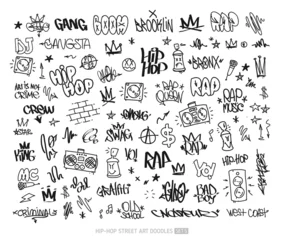 Fensteraufkleber Hip-Hop graffiti doodle set and street art tags vector icons collection. Rap and hip-hop grunge elements for pattern and tee print design. Isolated on white © VRTX
