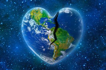 Earth in the shape of a broken heart, ecology and environment concept  -  Elements of this image furnished by NASA.