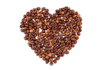 Coffee beans in heart shape white background