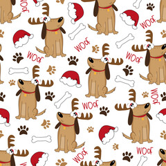 Dog seamless pattern for Christmas - santa hat, bone, paw print and cute dog in antler. Good for textile print, wrapping and wall paper, and other gifts design.